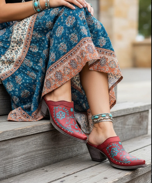 Floral embroidery in blue against distressed red leather with silver studs makes this mule one of our best-sellers. Pair these with your favorite blue jeans or a dress for a free-spirited look. Cushioned leather footbed makes it comfortable on every step. 