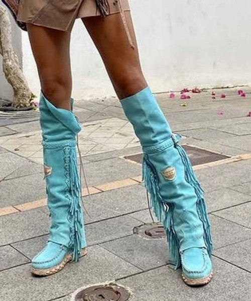 EL VAQUERO Coleen Drifter SILVERSTONE MARINE TURQUOISE  Wedge Moccasin Tall Fringe Boots
