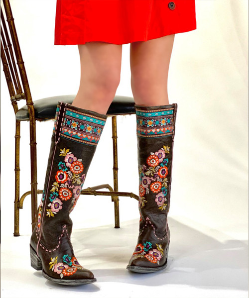 L3346-2 OLD GRINGO PACHAMAMA EXPRESSO BROWN FLORAL EMBROIDERED 17" TALL LEATHER BOOTS (SINTINO TOE/HEEL)