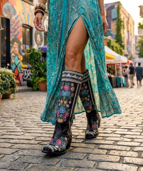 This image captures a vibrant boho-western street style moment ?✨

A woman is walking confidently down a cobblestone street lined with colorful murals, market tents, and greenery, giving the scene a lively, artsy, urban feel. The lighting suggests late afternoon, adding a warm, sun-kissed glow to the setting.

She’s wearing a flowing turquoise maxi dress with intricate paisley-inspired prints and a thigh-high slit that adds movement and ease. The dress is cinched at the waist with a slim leather belt, creating a flattering silhouette. Her accessories lean heavily into southwestern style—layered turquoise necklaces, stacked bracelets, and natural textures that complement the look beautifully.

The boots are the statement piece ??
They are black leather cowboy boots adorned with colorful floral embroidery running up the shaft and across the foot. The bright floral details pop against the dark leather, giving them a bold, artistic flair. With a pointed toe and classic western heel, they blend traditional cowboy structure with a playful, bohemian twist.

Her relaxed stride and confident expression tie everything together, creating a look that feels effortless, free-spirited, and fashion-forward—perfectly balancing western roots with modern boho char