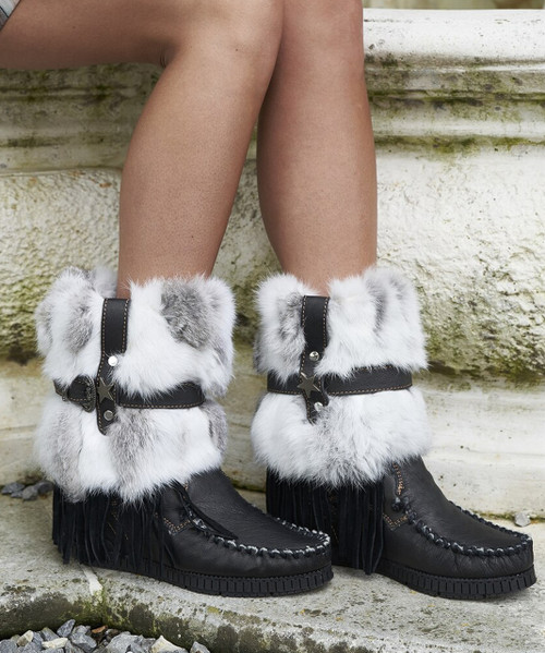 EL VAQUERO Martha Fur Black Punk Wedge Moccasin Boots