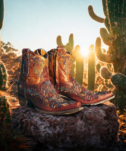 Meet the newest colorway in the ever-popular Dulce Calavera collection by Old Gringo Boots! This striking ankle boot blends neutral-toned leathers with vibrant embroidered sugar skulls for a bold, playful twist on a classic western style.
Featuring edgy stud detailing and a convenient side zipper for easy on-and-off wear, these boots are as functional as they are fierce. Perfect for adding a splash of attitude to your everyday look or making a statement at your next outing.
Details:
Shaft Height: 7"
Shaft Opening: 13.5" circumference
Heel Height: 1¾"
Toe: Snip
Style: Ankle boot with side zipper
Design: Embroidered sugar skulls + stud accents
Add a little spice to your boot collection with these bad to the bone beauties, cowgirl!