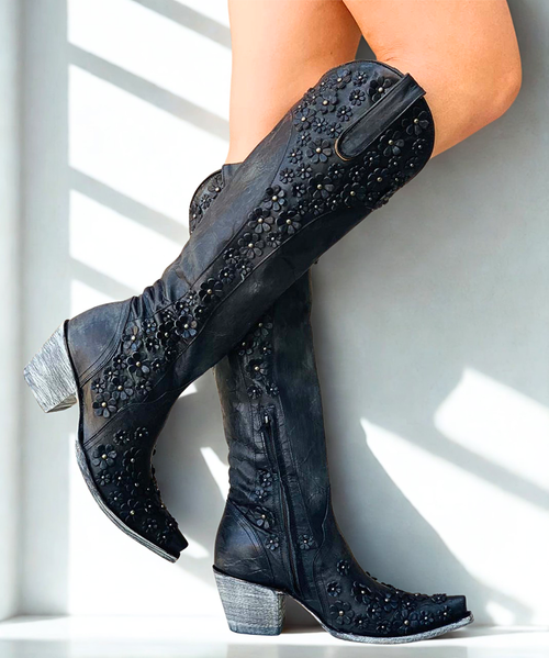 Rock in your flower child spirit with the Hippie Chick Vesuvio Black leather boots 
