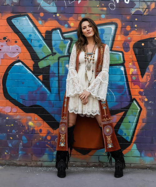 The most striking feature of our Katherine boot is the incredible attention to details. This pointed toe model features a 2 3/4" heel, side fringes and leather patterns and motifs around the ankle. Featuring carvings on the shaft with the addition of metallic elements, this western-style boot is then finished with the vintage treatment that gives wonderful shades to the leather. Available in this Carbon Silverstone color dreaming of amazing destinations around the world has never been easier.
 The most striking feature of our Katherine boot is the incredible attention to details. This pointed toe model features a 2 3/4" heel, side fringes and leather patterns and motifs around the ankle. Featuring carvings on the shaft with the addition of metallic elements, this western-style boot is then finished with the vintage treatment that gives wonderful shades to the leather. Available in this Carbon Silverstone color dreaming of amazing destinations around the world has never been easier.