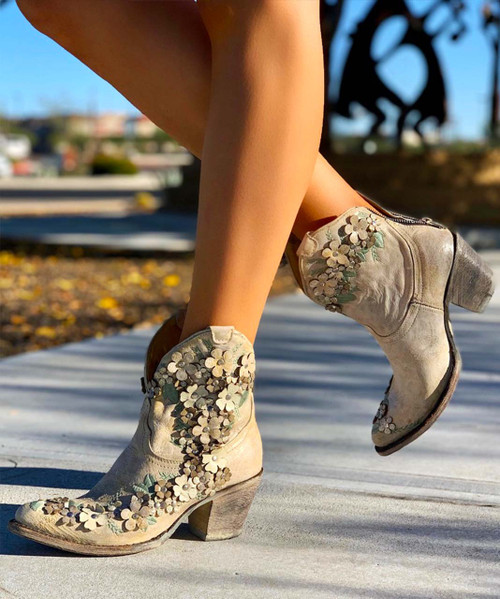A3678 CORRAL WHITE FLORAL OVERLAY ANKLE BOOT J TOE