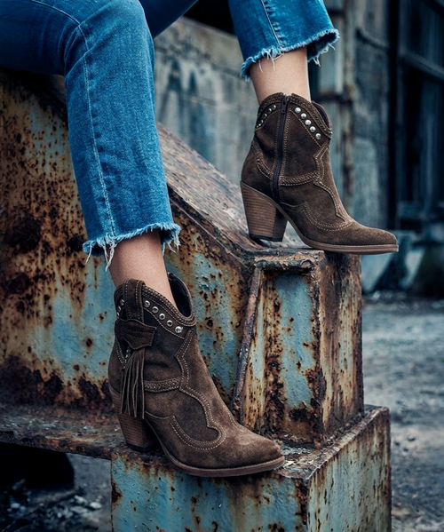 Ivy is our classic Texan boot. She has beautiful and soft fringes that naturally fall over the sides of this model.

This creation is inspired by the old wild west style and wants to take you back in time. 

The leather decorations design the back of this creation, while a delicate flower complete the wedge giving to Ivy her dreamy look.