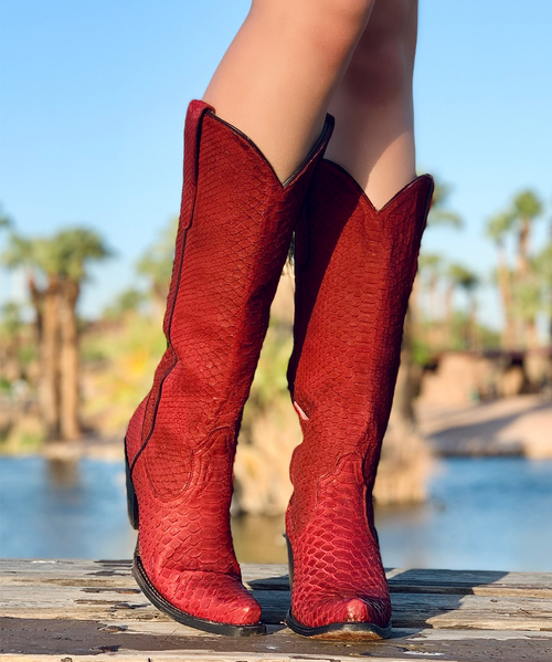 A4194 CORRAL RED FULL PYTHON SNIP TOE TALL EXOTIC WESTERN BOOTS