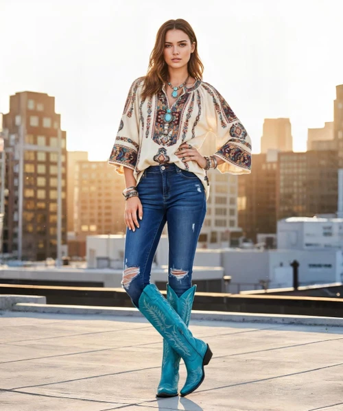 the Old Gringo Mayra Boots are SO on trend. These aren't just cowgirl boots; these are fabulous fashion boots. Handcrafted in Leon, Mexico with gorgeous Azul Blue leather and accented with cream embroidery. We love the tall, 18" silhouette and pointed snip toe of the Mayra Boots. Whether you rock them during the Holiday Season or for date night, we know you will look AMAZING and turning heads in the Mayra Turquoise Blue Boots!