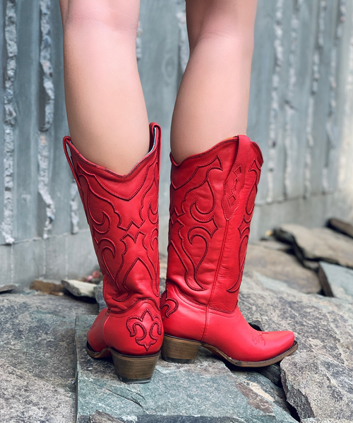 Z5073 CORRAL RED MATCHING STITCH PATTERN & INLAY PULLSTRAPS LEATHER BOOTS 