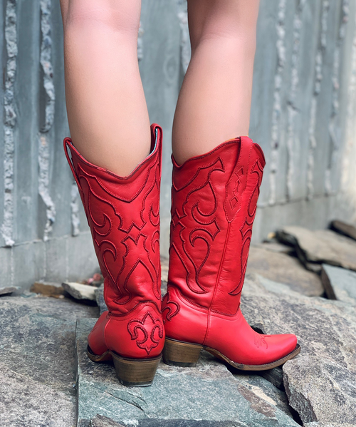 CORRAL RED MATCHING STITCH PATTERN & INLAY PULLSTRAPS LEATHER BOOTS 