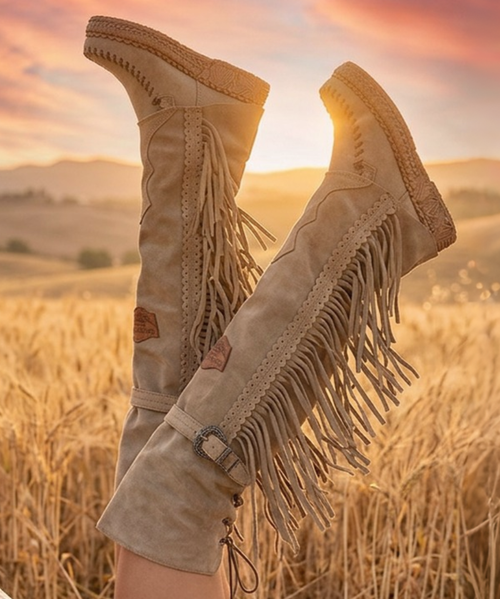 This image is pure bohemian Western daydream—romantic, carefree, and effortlessly beautiful.

Set in a golden wheat field at sunset, a woman reclines on a lace blanket wearing a delicate ivory dress with soft flutter sleeves and feminine lace details. Her tousled blonde curls and relaxed pose create a sense of freedom and wanderlust, as though she's savoring a quiet moment on a warm summer afternoon.

The true stars of the image are the stunning cognac leather fringe boots. Crafted in a rich, sun-kissed brown leather, the boots feature:

Tall slouchy shaft
Dramatic cascading fringe
Intricate floral and vine embroidery
Artisan cutout details
Stacked fashion heel
Soft vintage finish

With her legs playfully raised toward the sky, the boots become the focal point of the image, showcasing their movement, craftsmanship, and free-spirited personality.