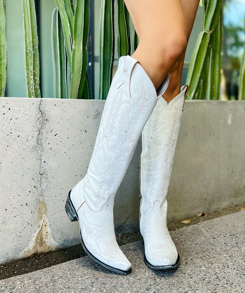 These Mayra Boots with gorgeous textured winter white leather and accented with cream embroidery. We love the tall, 18" silhouette and pointed snip toe.