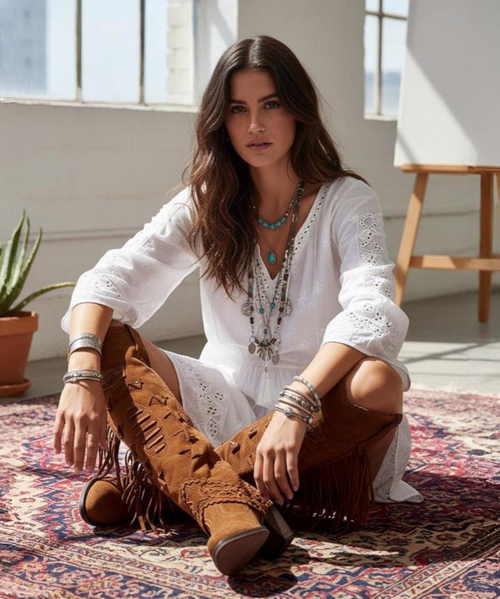 Featuring an extremely worked and richly detailed double layered bootleg, the Katherine boot is one of El Vaquero\'s absolute bestsellers. Katherine features a 7 cm heel, side fringes, hardware embellishments and leather patterns that wrap around the ankle. Washed with the renowned Silverstone treatment, a milestone of El Vaquero brand, that enhances every nuance of the leather in its most intense colours and makes each boot different and one of a kind.