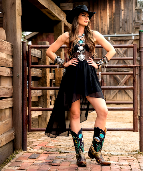 Meet the Galactic Buckaroo by Old Gringo Boots! The details are out of this world...With stars seriously aligned and a black suede leather upper, copper vamp, and scenic views of a desert in the wild wild west this boot is truly from outer space...Studs and crystals add sparkle that light up any occasion while colorful planets and spacecrafts create adventures to come. 