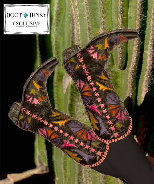 The Old Gringo Orleans Cowgirl Boots are so much fun.   Made with Black Vesuvio distressed leather and decorated with leather inlay designs revealing colors like red, pink, purple, green, and orange. The bright colors make the Orleans boots very versatile and great for any season.  If you're tired of plain cowgirl boots, get dressed up in the Old Gringo Orleans Cowgirl Boots for a fresh and exciting new look! 

Measurements:

Shaft Height - 13"
Shaft Circumference - 14"
Heel - 9964 (traditional)
Toe - 4Long (Snip)
