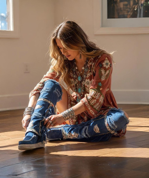 The Coleen boot is a must-have in the wardrobe of every loyal customer of El Vaquero brand. This double layered over-the-knee boot showcases the brand\'s signature handmade stitching on the instep, exquisite fringe detailing and an elegant lace-up back. Crafted with impeccable quality and attention to detail, the Coleen boot will enhance your look with sophistication and flair. Created in this totally new material, the Atomic Jeans is expertly crafted from prime quality brushed leather combined with denim. The cowhide details with ethnic motifs and the vintage effect created by the rips and by our stone-wash treatment make it incredibly revolutionary and destined to change the world of Jeans.