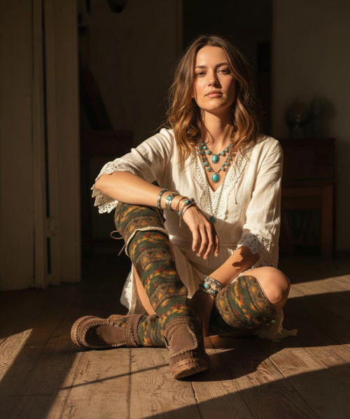 Famous for its high knee-high shaft, the Huntress boot represents one of the brand's top bestsellers. Featuring a 7cm internal wedge, a comfortable ankle strap and handcrafted stitching, this moccasin boot stands out for its simplicity and elegance. Made in this revolutionary combination of top quality suede calfskin and cotton fabric with tribal pattern, internally lined with boiled wool fur.

Internal wedge 2 3/4"
Tribal fabric and calf suede
Vintage treatment
Handcrafted stitching
Metallic details 100% nickel free
Leather details
Rubber sole
Made in Italy