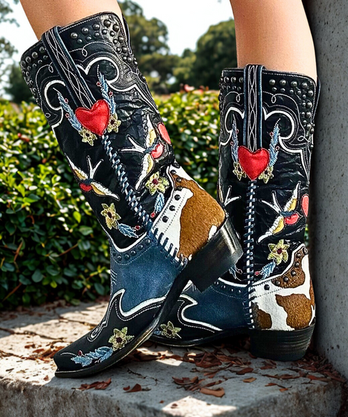 【U LAN】Vintage painted belted mid boots DDL058-1 DOUBLE D RANCH MIDNIGHT COWBOY LADIES BOOTS