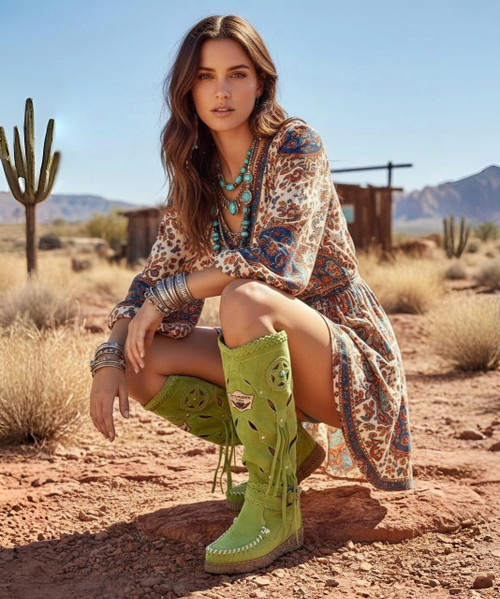 Mirea is one of our most stunning and original mid-rise boots. Featuring a 3 inch internal wedge, thick handmade stitching on the instep and a comfortable ankle strap, Mirea has a wonderful slouchy shaft with star-shaped leather details, studs and soft fringing. Scratched and washed with our feature aging technique called “Silverstone” which creates amazing color fluctuations and shades on the suede leather, defining the unique character of our boots.