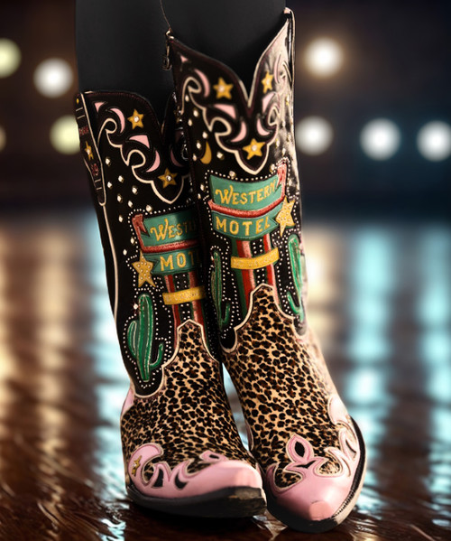 Are you ready to kick your fashion game up a notch? The Double D Ranch Best Western in animal print with striking black and pink overlays are here to help you strut your stuff with flair! These 13-inch beauties are not just boots; they're a conversation starter, a style statement, and the perfect companion for your next adventure whether thats a night out on the town or a casual stroll through the countryside. Theyre designed for those who want to take the fashion world by storm, and trust us, youll be the talk of the town!

But hurry, darling, because these hot styles wont last long! Dont let this opportunity slip through your fingers like sand at the beach...grab your pair before they're all gone! We promise youll be over the moon with your new kicks, but don't take too long to decide; these boots are flying off the shelves faster than you can say boot-scootin' boogie!

And remember, at Boot Junky, we pride ourselves on exceptional customer service and a fabulous rewards program that makes shopping with us a real treat. So why wait? Step into your new favorite boots today and let your personality shine!

Color: Black/Pink

Toe: 4Long

Heel: 9964

Height: 13"