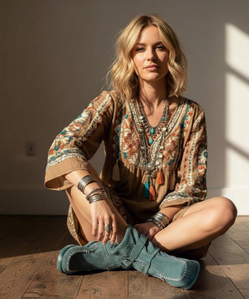 Our April moccasin-style boot features a 2 3/4" hidden wedge, amazing leather details, soft brushed leather, a cool ankle-strap and the typical thick handmade stitching on the instep, distinctive feature of El Vaquero brand. Washed with our feature ageing technique called “Silverstone” which creates amazing color fluctuations and shades on the suede leather, defining the unique character of our boots. Available in this enchanting corda colour.


Vintage Treatment
100% Calf Suede
Handmade Stitching
Hand-inserted details
Metal details 100% nickel-free
Leather details
Rubber sole
Made in Italy