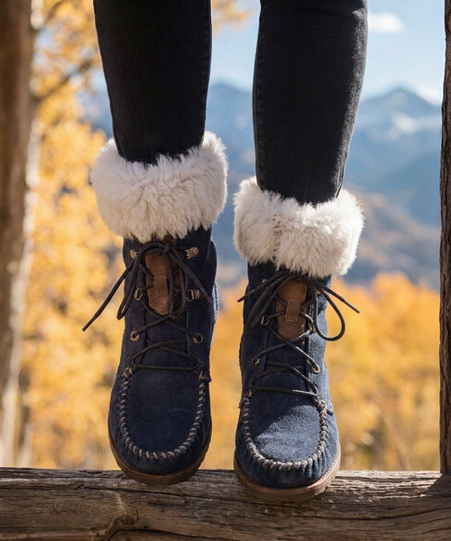 EL VAQUERO Leia Fur Silverstone Notte Navy Lace Up Moccasin Wedge Boots