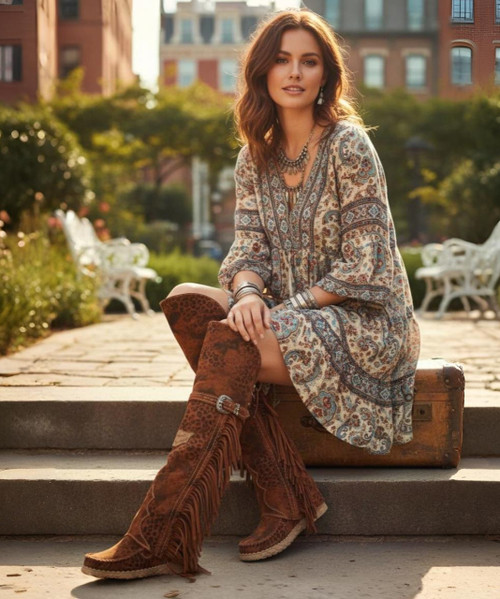 Icon and symbol par excellence of the brand, Arya has defined the most recent history of El Vaquero becoming the main character in its tale of freedom and wild spirit. Crafted with impeccable quality and the utmost attention to detail, Arya is characterized by the typical hand-sewn stitching, side fringes and metal details. Finished with the famous Silverstone wash, a cornerstone of the El Vaquero brand, which enhances every nuance of the leather in its most intense colors and makes each boot different and one of a kind.

2 3/4" internal wedge
Vintage treatment
100% Calf Suede
Handcrafted stitching
Metallic details 100% nickel free
Rubber sole