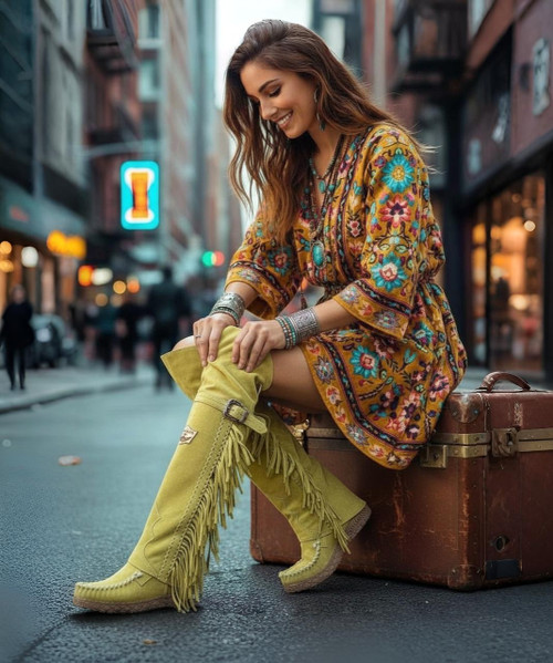 The Coleen boot is a must-have in the wardrobe of every loyal customer of El Vaquero brand. This double layered over-the-knee boot showcases the brand\'s signature handmade stitching on the instep, exquisite fringe detailing and an elegant lace-up back. The exceptional Silverstone ageing technique brings out the most intense colors, ensuring that each boot stands out with a unique vibrancy. The meticulous craftsmanship behind Silverstone showcases the depth and richness of hues, making every pair a one-of-a-kind masterpiece.

DETAILS

Hidden wedge 2 3/4"
Vintage Treatment
100% Calf suede 
Handmade Stitching
Metal details 100% nickel-free
Rubber sole