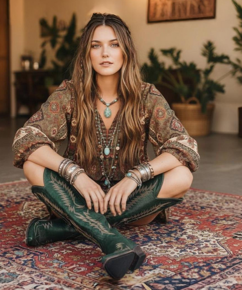 Old Gringo Mayra Boots – Vesuvio Chocolate
Daring. Dramatic. Drop-dead gorgeous.
The Old Gringo Mayra Boots in vesuvio chocolate are the ultimate showstoppers for the modern women with bold taste. Crafted from the softest distressed leather, these boots hug your legs with an 18-inch tall shaft, creating a sleek, leg-lengthening silhouette that’s made to turn heads.

What sets them apart? The rich chocolate leather is adorned with contrasting embroidery in denim-blue thread, giving the design a laid-back, luxe attitude. A sharp snip toe, interior side zippers, and a comfortable 1¾" walking heel complete the look — making these boots as wearable as they are unforgettable.

Whether you're dressing for a night out or making a statement on the daily, the Mayra in Chocolate is your fearless, fashionable go-to.

Details:

Shaft Height: 18"

Shaft Opening: 15.5" circumference

Heel: 1.75" Walking Heel

Toe: Snip

Leather: Vesuvio chocolate distressed leather

Embroidery: Blue jean thread on shaft

Closure: Interior side zippers

Fit: Standard width