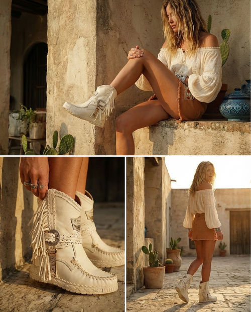 The Arya Boot by El Vaquero is the brand’s ultimate symbol of freedom, wild spirit, and artisanal mastery. An icon that has shaped El Vaquero’s modern history, Arya returns reimagined for a bold new chapter—where heritage craftsmanship meets refined monochromatic elegance.

Crafted in Italy from unbelievably soft, prime-quality white cowhide leather, this updated Optical version delivers a clean, on-tone palette that feels both modern and timeless. Signature handmade stitching, flowing side fringe, and hand-inserted hardware details celebrate the artistry that defines El Vaquero, while the sleek all-white finish adds an effortlessly classy edge.

A discreet 7 cm hidden wedge offers subtle lift and all-day comfort, making Arya as wearable as it is iconic. Striking yet refined, this boot is designed for those who move freely, dress boldly, and appreciate craftsmanship without compromise.

Details:

Hidden wedge: 7 cm

100% cowhide leather

Handmade stitching

Hand-inserted details

100% nickel-free metal hardware

Rubber sole

Made in Italy