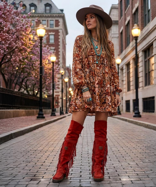 This image features a stylish western-boho fashion look set in an elegant city street scene ?✨

A woman stands confidently on a cobblestone street lined with classic buildings, glowing street lamps, and soft pink flowering trees that frame the background. She’s wearing a flowy floral mini dress in warm earthy tones with long sleeves and a relaxed, bohemian silhouette.

Her outfit is accessorized with a wide-brim burgundy felt hat, layered turquoise jewelry, stacked bracelets, and a statement ring that adds a southwestern touch. The standout feature of the look is a pair of tall red suede fringe boots with lace-up moccasin-style stitching and decorative side fringe, giving the outfit a bold western flair.

Her long hair falls naturally over her shoulders as she looks off to the side, creating a relaxed yet confident pose. The combination of the romantic dress, striking boots, and urban backdrop blends boho elegance with modern cowgirl style, making the boots the focal point of the outfit