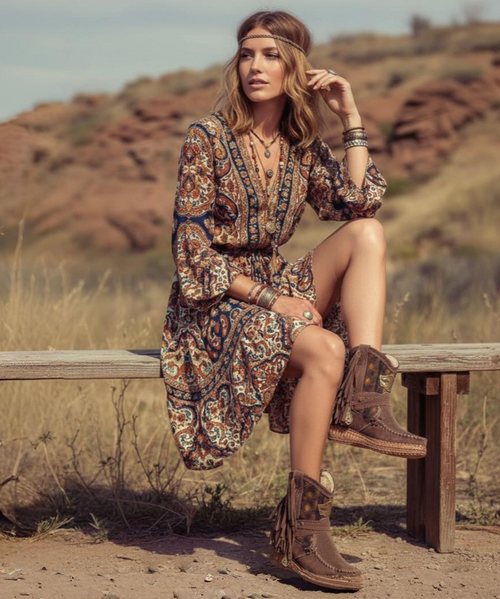 The Arya Nantuk Silverstone Brown leather fringe boot features a 2 3/4" internal wedge, soft fringe, beautiful leather side tabs, and thick hand-stitched toecaps—a hallmark of the El Vaquero brand. Crafted from a stunning combination of premium calf suede and Native American-inspired cotton fabric, it's lined with soft boiled wool fur.

2 3/4" internal wedge
Vintage treatment
100% Suede and tribal fabric
Fur lining
Handcrafted stitching
Metallic details 100% nickel free
Rubber sole