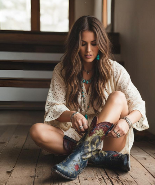 Gotta love the colors on the Old Gringo Letty Boots L1115-8. The marine blue and military green boot shaft mixes beautifully with the vesuvio red leather accents. The Letty boot was made for ladies looking to make a bold fashion forward statement. The floral designs on the toe are beautiful and the heart shaped embroidery on either side of the boot shaft gives it a sassy finish.