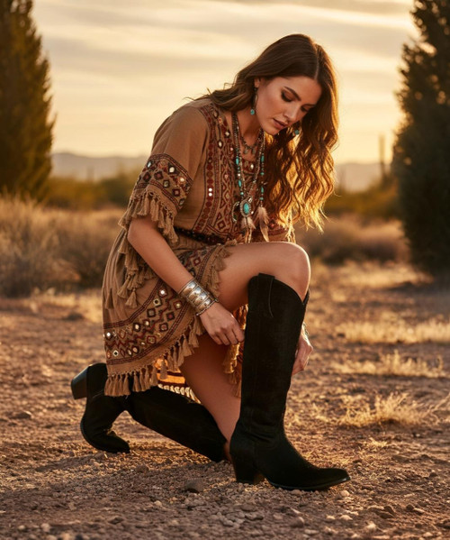 The Old Gringo Mayra has long been a classic 18" boot offered in varies colors and styles.  Now we take the Mayra to the next level, Black Hair on Hyde with a Sintino toe and heel.  The Old Gringo Mayra has a gorgeous European profile that will accent and add shape to a women's legs and turn heads no matter where you go.  The Mayra has an inside zipper and pull tabs allowing easier on and off.  

Shaft:  18"

Toe:  Snip

Heel:  Sintino