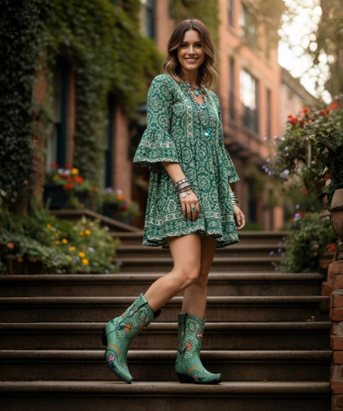 Turn up the charm and kick up a little country soul in these irresistible Double D Ranch by Old Gringo Boots. Inspired by the playful spirit of “Wagon Wheel,” this ankle-height cowgirl boot is pure fun from heel to toe. Crafted in eye-catching turquoise leather, the design is brought to life with floral embroidery, wagon wheel and horseshoe motifs, and studded accents that add just the right touch of Western whimsy.

The flattering snip toe and easy-wearing heel make these boots as comfortable as they are cute, while the shorter shaft keeps the look fresh, flirty, and perfect for everyday wear. Pair them with jeans, dresses, or cutoff shorts and let your inner cowgirl sing — because these boots were made to turn heads and steal hearts.

Measurements:

Shaft Height: 8.5"

Shaft Opening: 13.5" circumference

Heel Height: 1.75"

Toe: Snip

Width: Standard