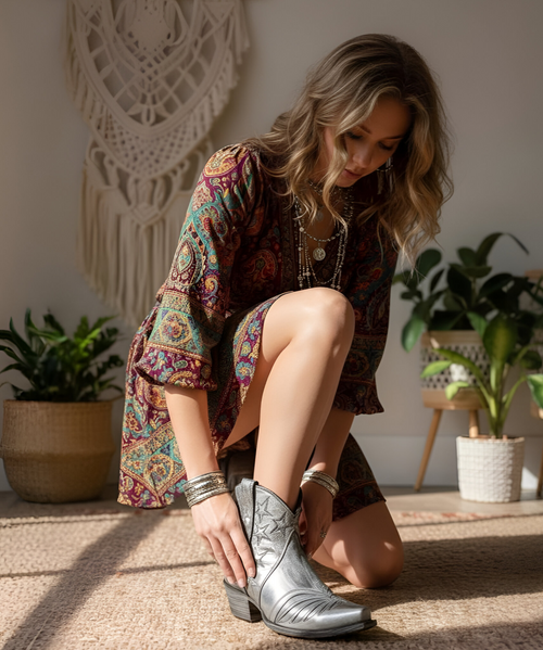 Step in spring with this short revisited version of Old Gringo's classic United boots from their Americana collection. 

They are constructed with a distressed and glazed Argento metallic silver leather leather with tonal silver inlay design.

Pair them with your favorite skinny jeans, dress or skirt and your ready to go.

Color: Silver Metallic Glazed Argento leather

Toe:  4Long

Heel :  9964

Shaft Height: 5"


Handmade in Mexico by Old Gringo's skilled artisans..