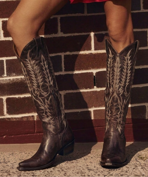 create an image with the full body view of a model in her mid twenties with long highlighted hair and give her a boho western vibe...have her wearing the boots in the 2 thru 4 images, styled together...use the styling of the attached reference images