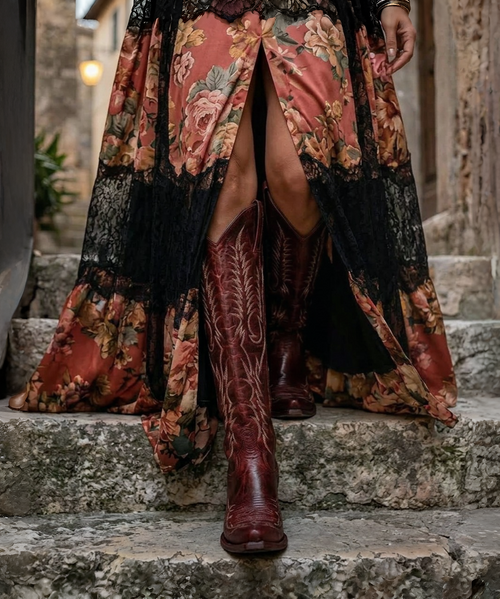 This image embodies dark romantic bohemian luxury with a touch of Western sophistication.

The model is descending weathered stone steps wearing a dramatic floor-length dress featuring a rich floral print in shades of coral, rose, sage, gold, teal, and blush layered beneath intricate black lace. The plunging neckline, fitted waist, and flowing skirt create a striking silhouette that feels both feminine and effortless.

A high front slit reveals a pair of sleek black knee-high leather boots, adding an unexpected edge to the romantic dress and grounding the look with confidence and sophistication. Delicate layered jewelry and softly tousled hair complete the free-spirited, worldly aesthetic.

The backdrop of aged stone and pastel architecture enhances the feeling of old-world charm and wanderlust, creating a look that feels equally at home in: