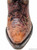 Heavily sanded medium brown burnished leather on vamp and pulls.  
Heavily sanded chocolate burnished leather used for top, heel foxing, fancy wingtip, and collar.  
Sanded green burnished leather used for cactus inlays on top. 

1/2" scallop.  
Details for Old Gringo Cactus Pee Wee
10" height
4L toe (elongated classic box toe)
9964 heel (traditional cowgirl 1 5/8")
Heavily sanded chocolate sole and heel finish