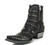 The distressed Vesuvio black leather, buckle accents, and silver stud work is an over-the-top fashion statement. These beauties are finished off with interior side zippers, a snip toe, and easy walking heel. 