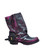 Short, ankle to mid calf, distressed black fuchsia, moto biker style boot with heel buckle embellishment