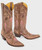 These boots are a beautiful blend of classic western shape and feminine, artistic detailing ?✨

Crafted from rich brown leather, they feature a softly distressed finish that adds warmth and character. The silhouette is timeless with a mid-calf shaft, snip toe, and a stacked angled heel, giving them that authentic cowboy boot structure.

What truly makes them stand out is the intricate wing-inspired embroidery that flows across the shaft and vamp:

Curving, feather-like patterns create movement and elegance

Soft blush-pink tones are layered into the design, adding a subtle pop of color

Fine stitching and delicate detailing give the boots a light, almost ethereal contrast against the rugged leather

The pull tabs and clean topline keep them functional, while the overall design feels romantic, elevated, and uniquely western.

These boots strike the perfect balance between earthy and feminine—ideal for pairing with dresses or denim when you want something classic with a soft, standout twist