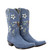 These boots are a stunning blend of bold western heritage and soft, feminine artistry ??

Crafted in a rich, dusty blue suede, they immediately stand out with their unique color and velvety texture. The shaft is beautifully adorned with intricate floral embroidery in soft whites, greens, and subtle earth tones, creating a delicate, hand-crafted feel that contrasts perfectly with the rugged western silhouette.

Woven into the design are longhorn motifs, adding that unmistakable western spirit, while metal stud detailing traces the curved panels of the shaft, giving the boots dimension and a touch of edge.

The shape is classic and flattering, featuring a mid-calf shaft, a sleek pointed “4 long” toe, and a stacked heel for effortless wear. Subtle stitching along the foot enhances the craftsmanship without taking away from the detailed upper.

Overall, these boots feel fresh, distinctive, and effortlessly cool—a perfect mix of statement color, timeless western design, and romantic detailing