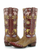 Inspired by wildflower meadows and heirloom craftsmanship, this handcrafted cowboy boot transforms a classic Western silhouette into a wearable work of art.

The foot is crafted from distressed honey tan leather that develops even more character with every wear, while the rich burgundy shaft provides a dramatic backdrop for an intricate garden of embroidered blooms. Soft shades of blush pink, butter yellow, sage green, lavender, and ivory create a vibrant floral tapestry that climbs the shaft, giving the boot an unmistakable bohemian charm.

Contrasting burgundy leather overlays wrap the toe, heel counter, and pull tabs, accented with ivory diamond-shaped inlays that add a subtle Southwestern influence. A classic snip toe and stacked leather walking heel complete the timeless cowboy silhouette, making these boots as comfortable as they are unforgettable.