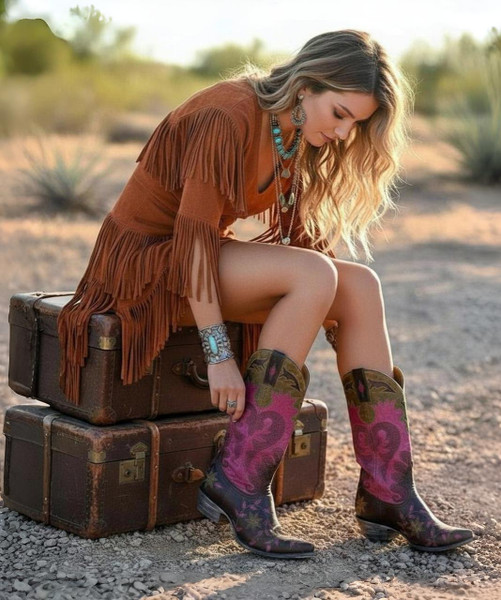 OLD GRINGO 刺繍 星スター 本革レザー 総柄 ウエスタンブーツ ピンク Women's Cowhide Leather Eagle Inlay/Overlay Cowboy Boots | Eagle