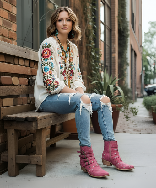 OLD GRINGO 刺繍 星スター 本革レザー 総柄 ウエスタンブーツ ピンク Women's Cowhide Leather Eagle Inlay/Overlay Cowboy Boots | Eagle