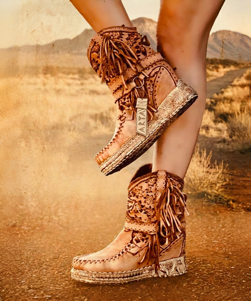 EL VAQUERO Arya Abloom Caramel Wedge Moccasin Boots - BootJunky.com