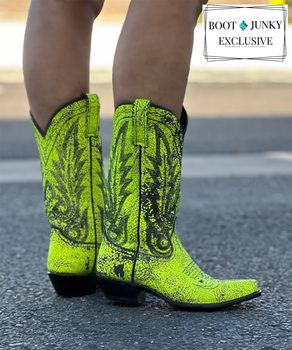 This Liberty Black style is HOT HOT HOT!!! With features like the eye catching neon green leather and subtle stitch details any serious cowgirl boot collector will want to make sure these are a part of that collection. Grab your pair before they are gone forever!

 

Measurements:

Shaft Height - 12"
Heel Height - 1 3/4" WALKING HEEL 
Toe - Snip
Standard Width