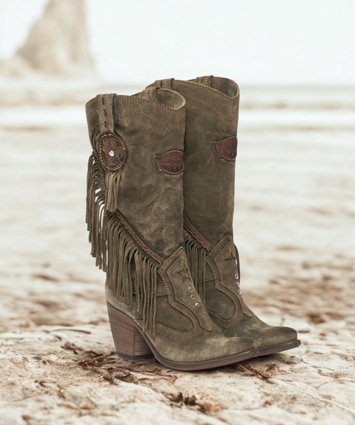 EL VAQUERO エルバッケロ フリンジ ブーツ スエード 37 EL VAQUERO KATHY SILVERSTONE TRUFFLE FRINGE LEATHER WESTERN BOOTS