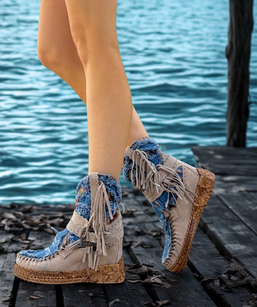 EL VAQUERO Arya Limited Taupe & Denim Leather Wedge Moccasin Boots